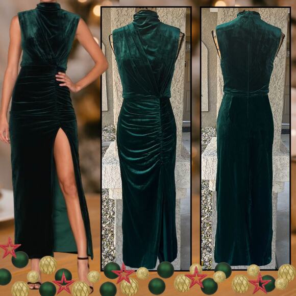 Lulus Emerald Ruched Velvet Mock Neck Alluring Image Maxi Dress Size M - Picture 1 of 8
